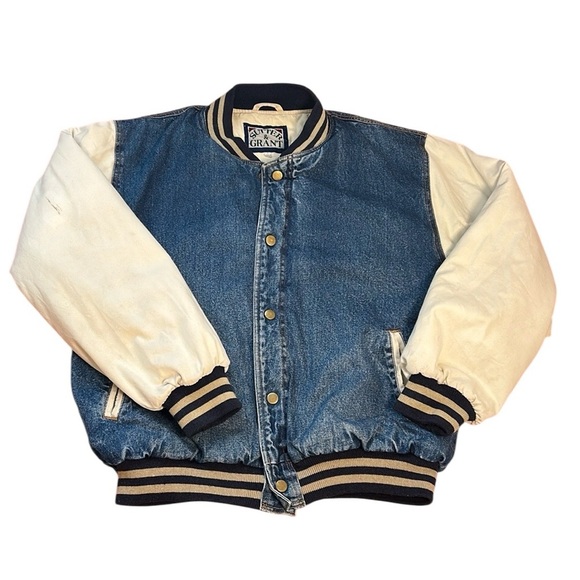 Vintage Denim Trucker Varsity Bomber Jacket Puff Quilted lining Mens Large - Picture 16 of 16